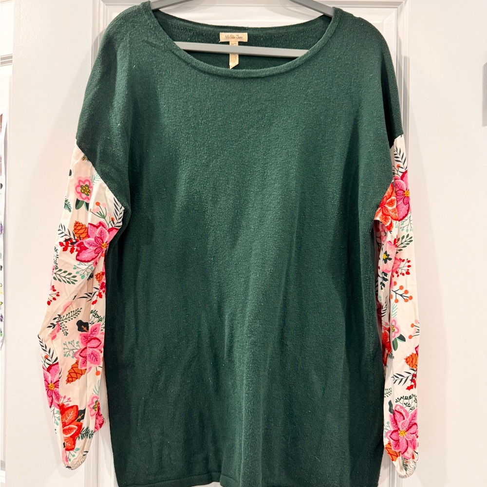 Matilda Jane Teal Sweater with Floral Sleeves
